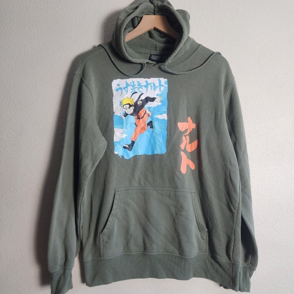 Naruto Shippuden Hoodie Mens Medium Olive Graphic Pullover Uzumaki Sleeve Print